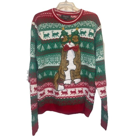 33 Degrees Cat Ugly Christmas Sweater Faux Fur Cat Wearing Glasses Sz L Party - Picture 1 of 9